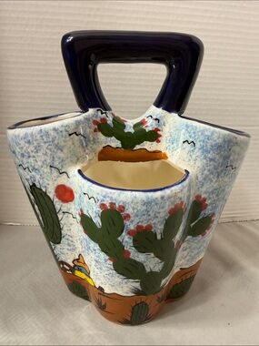 Y2K Talavera Mexican Pottery Utensil Holder Caddy Cactus Desert Design Lead Free